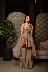 Tan Gnocchi Silk Embroidered Worked Sharara Suit