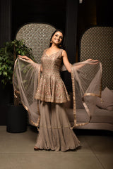 Tan Gnocchi Silk Embroidered Worked Sharara Suit