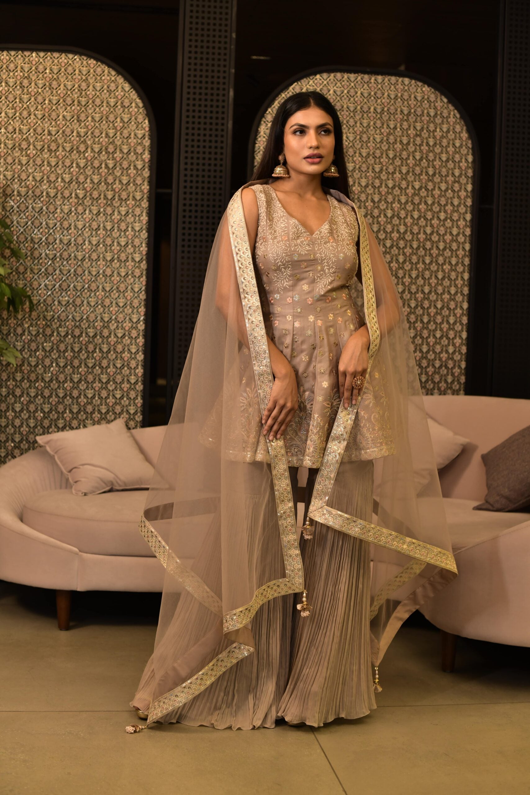 Classic  Grey Gnocchi Silk Embroidered Sharara Style Suit