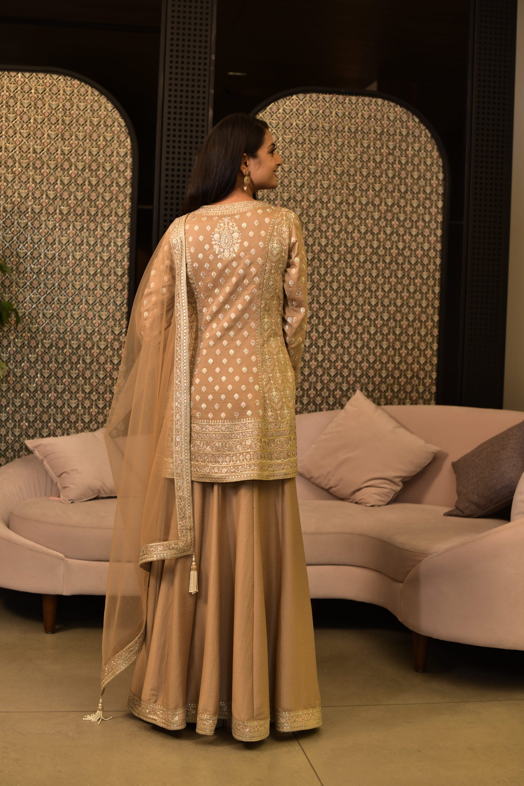 Immersive Blanched Almond Rama Silk Embroidery Sharara Suit