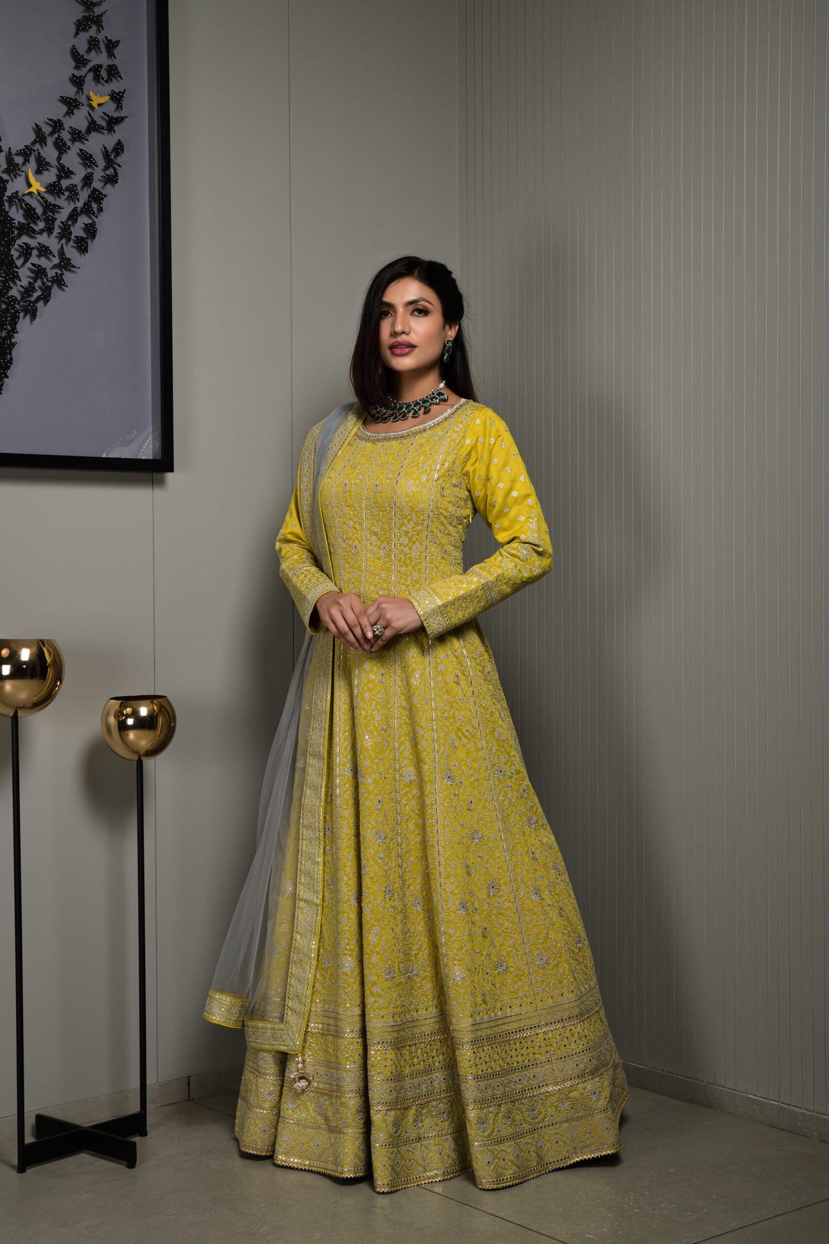 Embellished Yellow Chanderi Silk Anarkali Suit