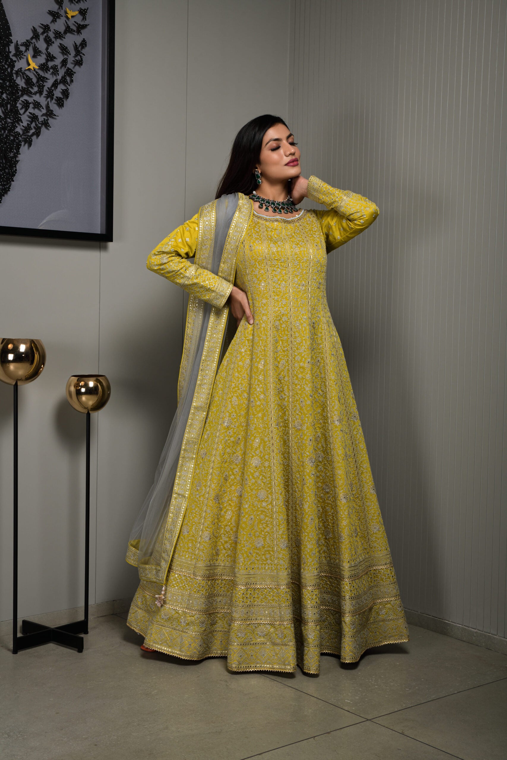 Embellished Yellow Chanderi Silk Anarkali Suit