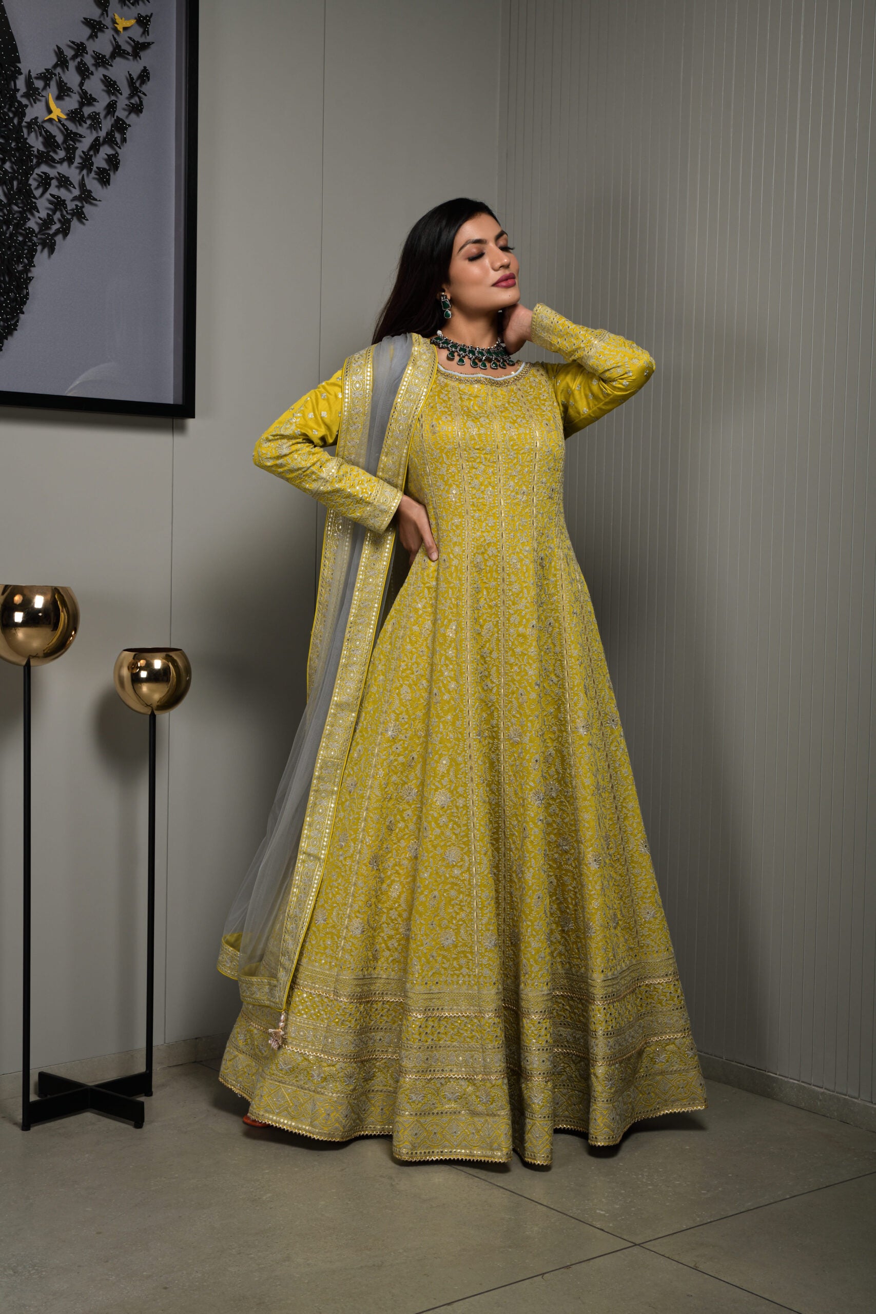 silk anarkali dress Embellished Yellow Chanderi Silk Anarkali Suit – fabdyor.com